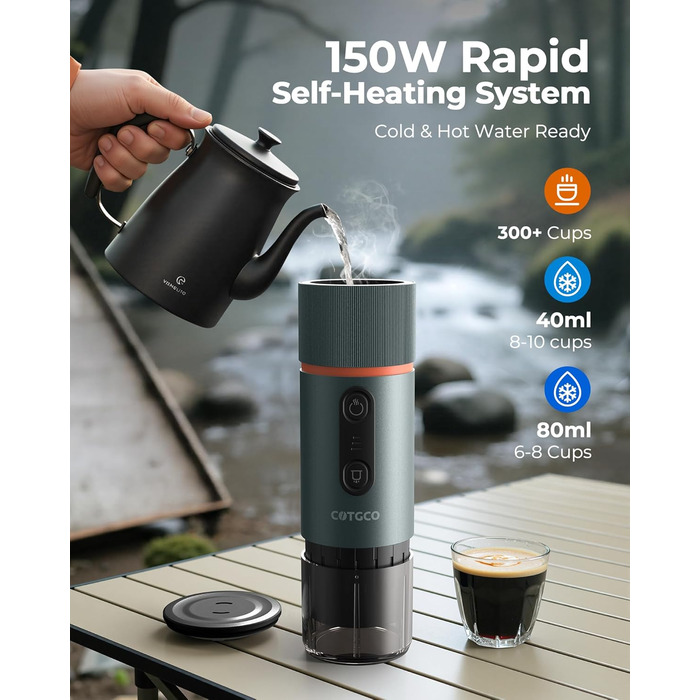 Портативна кавомашина для еспресо COTGCO 20 bar з акумулятором 13500mAh | Сумісна з капсулами Nespresso | Для кемпінгу, авто, офісу (Блакитна)