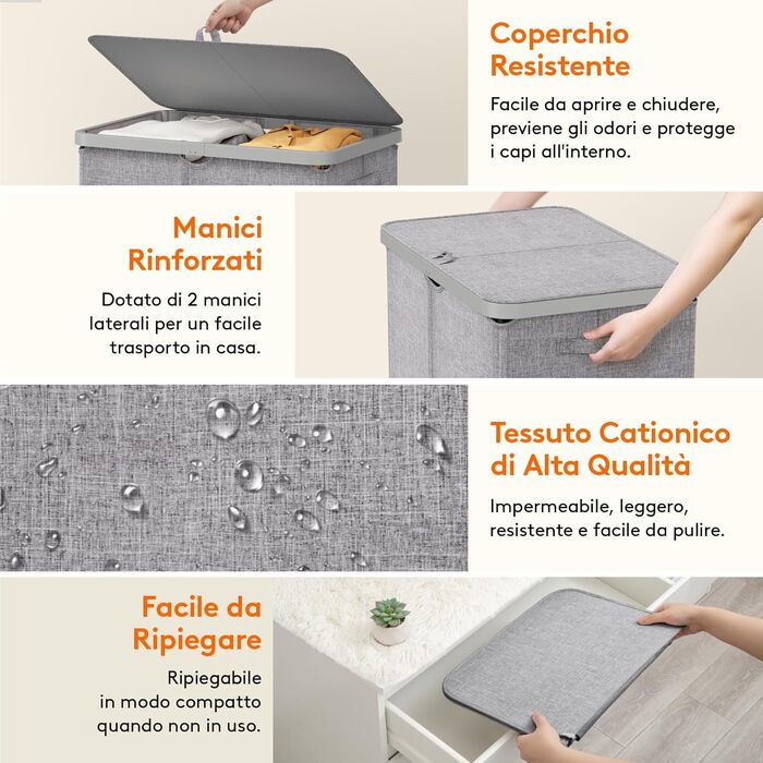 Кошик для білизни з кришкою Lifewit, великий, 145L, сірий, для спальні та ванної кімнати