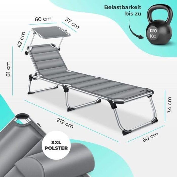 Кесер® Сонячне ліжко Sun з дахом: розкладне ліжко для саду, пляжу та відпочинку. Алюмінієвий каркас, регульована спинка, зручний матрац, сірий колір.