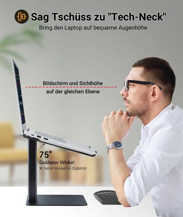 Регульований підставка для ноутбука, стійка для ноутбука на стіл, можливість стоячи, підставка для DJ, компактна альтернатива столу, сумісна з MacBook та ноутбуками 13'-16.5', чорний Polar-Schwarz