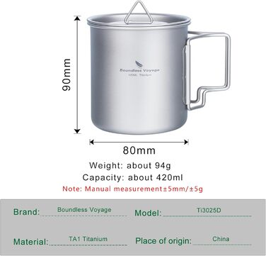iBasingo Titan Becher: туристичний титановий посуд для кемпінгу, приготування кави/чаю, 200-750 мл (Ti3025d-420ml)