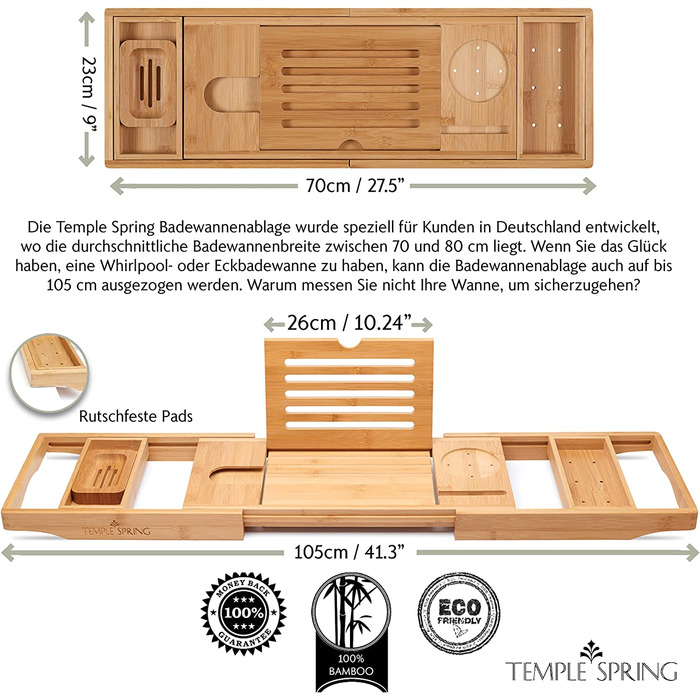 Підставка для ванни Temple Spring з дерева, бамбукова, для аксесуарів у ванну, піднос для ванни, меблі для ванної кімнати - Шкіряний ефект (натуральне дерево)