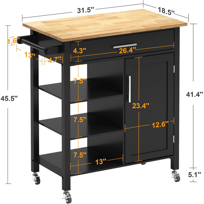 Візок для кухні SogesHome з ящиком, 3 полиці, шафа, 80x47x91.5 см, тик чорний