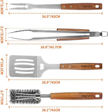 Набір гриль-посуду Onlyfire 4 шт. з нержавіючої сталі та акації (щипці, лопатка, виделка, щітка)