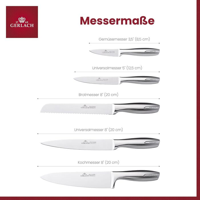 Набір кухонних ножів Gerlach Modern: 5 ножів у блоці з нержавіючої сталі (Kochmesser, Brotmesser, Gemüsemesser)