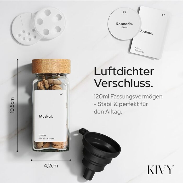 Організатор для спецій KIVY з полицями та скляними баночками | 24 баночки з етикетками, регульований, підходить для всіх ящиків | Організатор спецій для ящика з баночками | Чорний ковпачок (баночки + полиця) (бамбуковий ковпачок (баночки + полиця))