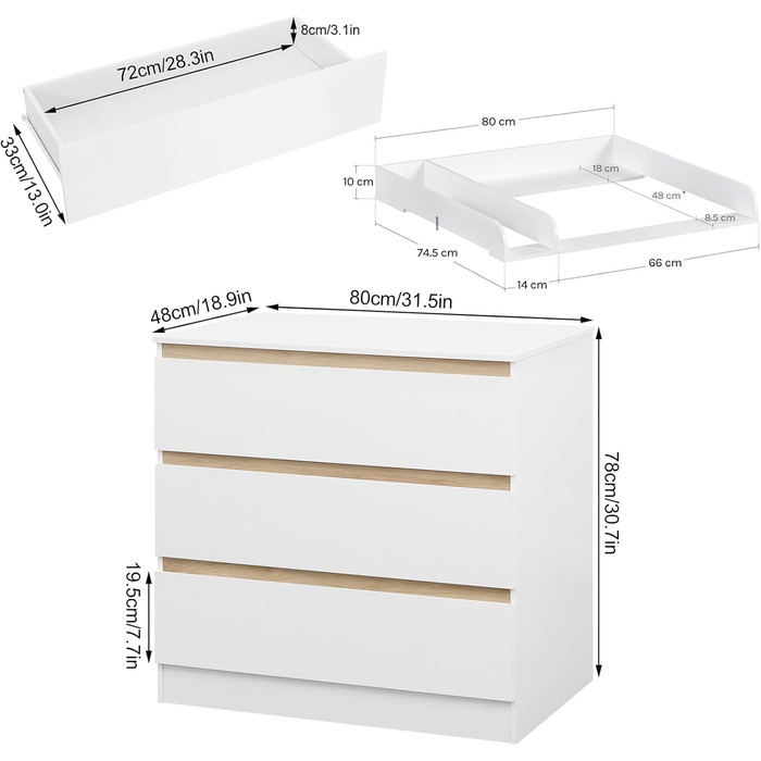 Комод для переодягання з пеленальним столиком WOLTU, 3 шухляди, білий+дуб, захист від перекидання, 86 см