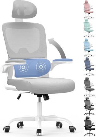 Офісне крісло Naspaulro з регульованою підголівником, підлокітниками та підтримкою попереку, дихаючий сітчастий чохол, сірий колір, для дому та офісу