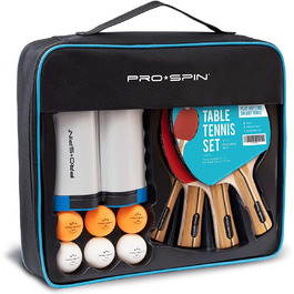 Набір ракеток для настільного тенісу PRO-SPIN - з сіткою для настільного тенісу для кожного столу, 3-зіркові м'ячі для настільного тенісу, сумка / чохол / набір з 4 предметів / висувна мобільна сітка для настільного тенісу / відмінний подарунок та ігри