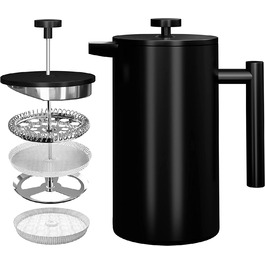 Кавоварка Kichly French Press об'ємом 34 Унції-1000 мл (4 кавових склянки / 8 кавових чашок) - кавоварка / еспресо-машина з потрійним фільтром з нержавіючої сталі і ізольованими стінками - (чорний)