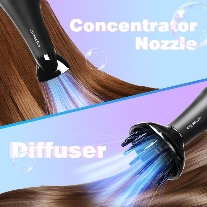 Фен для волосся Aigostar Monique 2400 Вт Іонний фен, Фен професійний.Фен чорний з дифузором та аксесуарами.