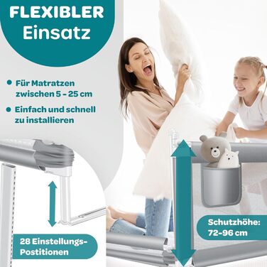 Захисний бортик для ліжка KESSER 200 см, сірий. Бортик для дитячого ліжка, захист від випадання, складаний та регульований по висоті, сітка Mesh, з кишенею