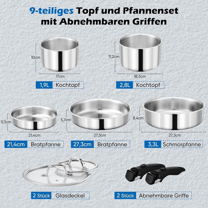 Набір каструль Joyfair, 9 предметів, з нержавіючої сталі, знімний ручка, для індукційних плит, сумісний з усіма типами плит, можна використовувати в духовці та мити в посудомийній машині