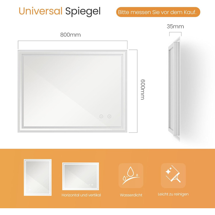 Дзеркало для ванної кімнати EMKE з підсвічуванням 50x60 см, антизапар, холодний білий, диммування, сенсорне управління, функція пам'яті, автоматичне вимкнення (3 години), IP44, енергозбереження