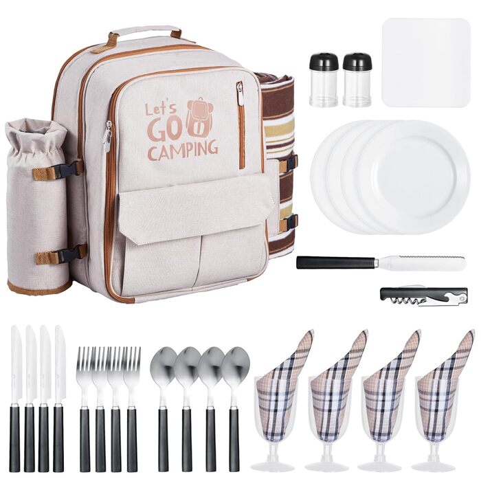 Рюкзак для пікніка VEVOR на 4 особи (20 л) з ізольованим холодильником, підстаканником/для вина та комплектом посуду для кемпінгу та пікніків, бежевий
