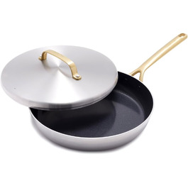 Сковорода GreenPan GP5 з нержавіючої сталі, 30.5 см з кришкою, 5-шарова, антипригарне покриття з кераміки, без PFAS, для індукційних плит, з золотистими ручками, можна мити в посудомийній машині та використовувати в духовці
