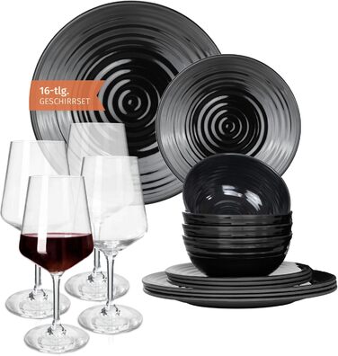 Набір посуду для кемпінгу Melamin 12 шт. Stone + 4 склянки для вина Milano, Black