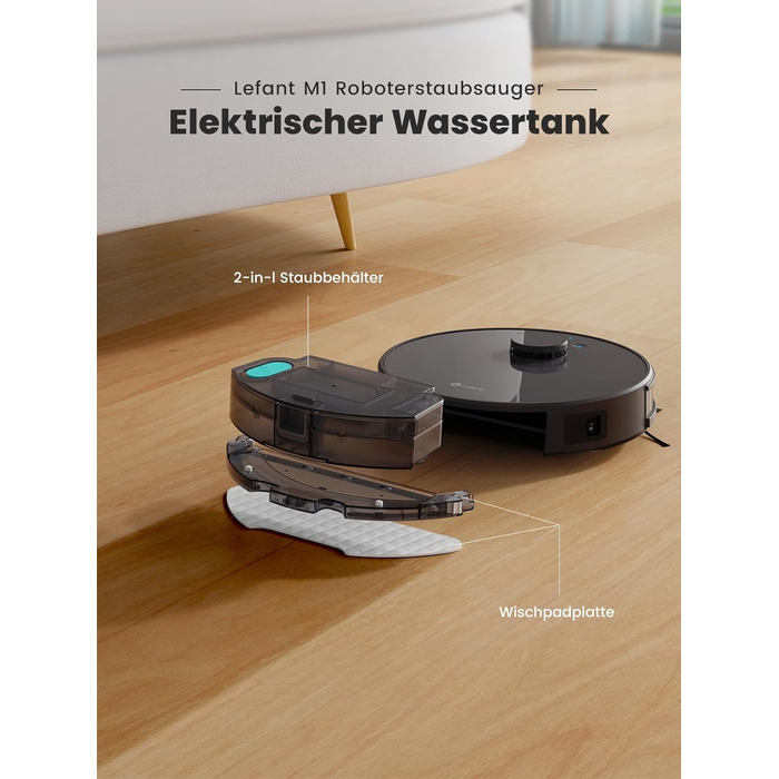Робот-пилосос LEFANT M1B з функцією миття підлоги, LiDAR-навігацією, потужністю 5500Pa, картуванням декількох поверхів, самостійною зарядкою, Wi-Fi, 8 зонами заборони, для видалення шерсті тварин, килимів та твердих підлог