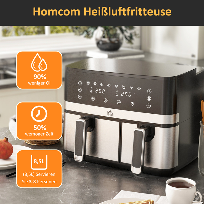 Фритюрниця HOMCOM з гарячим повітрям, 2700 Вт, 8 режимів, 41,8 см x 39,2 см x 31,1 см, Чорний + Сріблястий