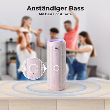 RIENOK Портативна Bluetooth Колонка з Підсвічуванням, Рожева, IPX7 Водонепроникна, 3600 mAh, Bluetooth 5.3, Бас, Стерео Звук