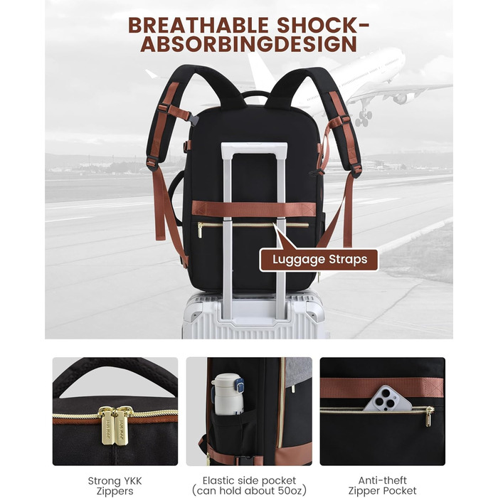 LOVEVOOK Рюкзак для ручної поклажі, дорожній рюкзак для жінок, водонепроникний, з відділенням для взуття, 17-дюймовий ноутбук, 40L, 45x36x20 см, Carry on Luggage (Чорний+сірий+коричневий)