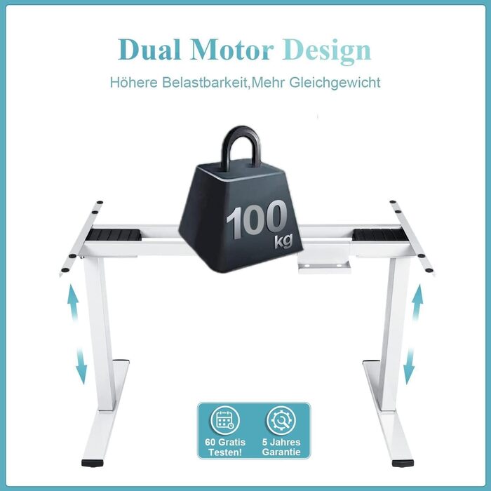 Електричний регульований стіл Homall з 2 моторами, підйом до 100 кг, телескопічний, з пам'яттю та захистом від зіткнень (білий)