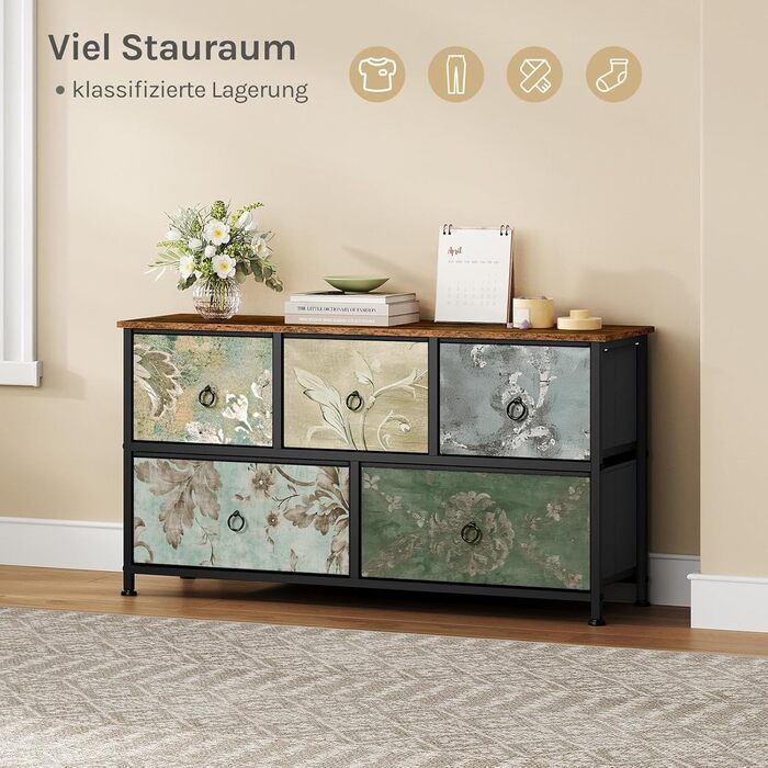 Комод WOLTU з 5 висувними ящиками з тканини, шафа-комод, тумбочка під ТБ, для вітальні, спальні, коридору, з металевим каркасом, ДСП, білий, SSK005ws. Білий (Рустикальний коричневий + чорний + вінтажний квітковий принт, 5 тканинних ящиків)