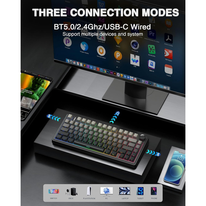 Механічна клавіатура AULA F75 PRO для геймінгу: бездротовий підключення 2.4GHz/BT5.0, Hot-Swap, QWERTY, сірий колір з градієнтом, 75%