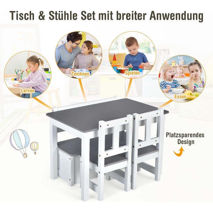 Дитяча меблева група COSTWAY з місцем для зберігання: стіл для малювання та 2 стільці, лавка, FSC-сертифіковане дерево, для дітей від 3 років (сірий)