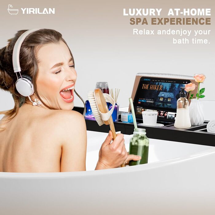 Підставка для ванни Yirilan, висувна, бамбук, для 1-2 осіб, з чорною тканиною