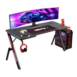 Ігровий стіл Todeco 160x60 см з LED підсвічуванням, з поверхнею з карбону, тримач для навушників та підсклянник, ергономічний ігровий стіл для ПК