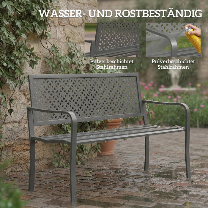 Лавочка для саду на 2 особи, металева, стійка до погодних умов. Міцна конструкція з антикорозійним покриттям та геометричним дизайном, витримує до 240 кг.