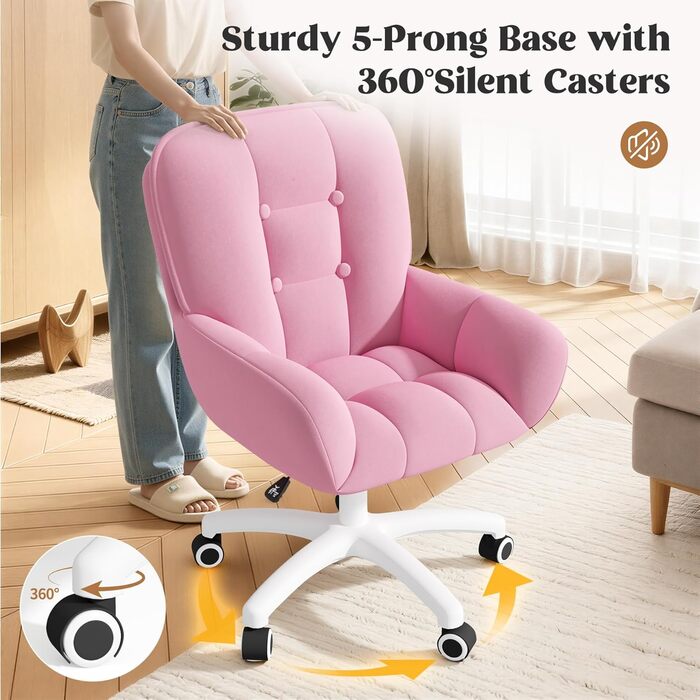 Крісло для дому та макіяжу 2-в-1, ергономічне, обертове на 360°, регульоване по висоті, для робочого кабінету або спальні (без подушки, Рожеве)