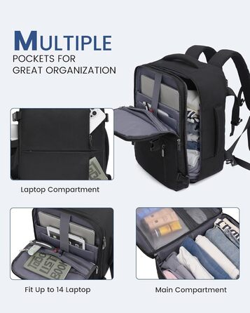 Рюкзак LOVEVOOK для ручної поклажі 40x30x20, 24л, для ноутбука 14 дюймів, з USB, чорний