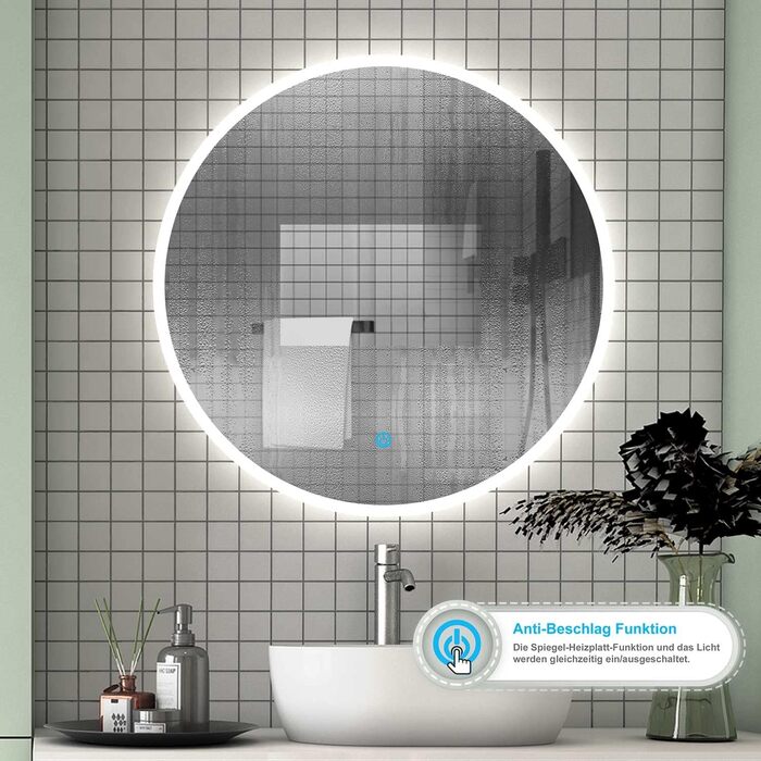 Круглий LED дзеркало для ванної кімнати 70 см з підсвічуванням, сенсорне керування, протизапітніння, Alpha Series, 70x70 см, холодне біле світло