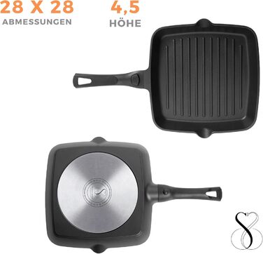 Квадратна сковорода-гриль Stone&Stone 28x28 см | Професійна сковорода для стейків | Німецьке антипригарне покриття GREBLON C3+ без PFOA | Знімна ручка | Підходить для індукційних, газових плит та духовки | Для приготування барбекю з щипцями 28 см