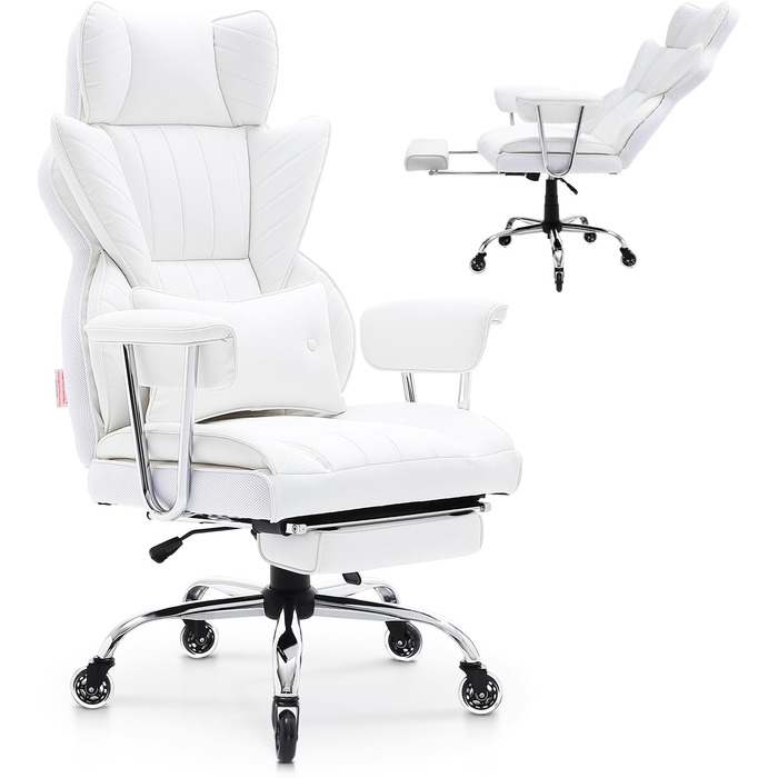 Крісло офісне VEVOR з PU шкірою, біле, для начальника з підніжкою, регульоване по висоті, до 181,43 кг, 860 x 610 мм, поворотне