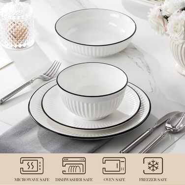 Набір посуду MALACASA LEILA 6 осіб, 24 частини: тарілки, миски, порцеляна, білий з чорним обідком