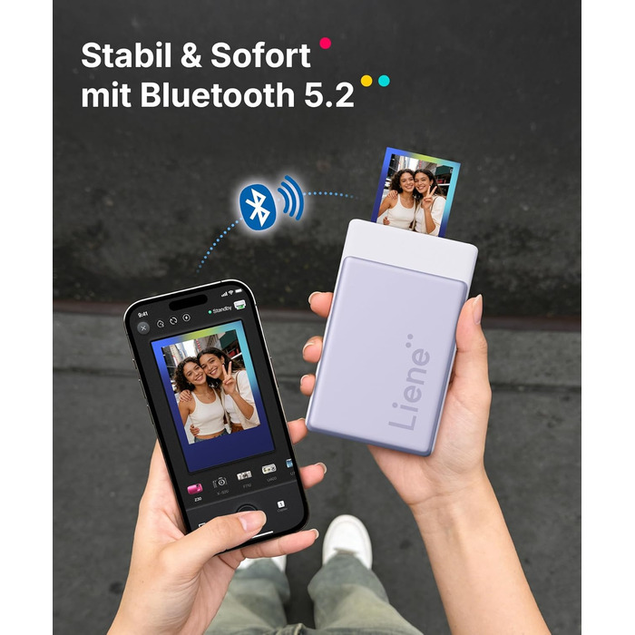 Портативний міні-фотопринтер Liene Pearl N200 Pro з підключенням Bluetooth, сублімаційна технологія, 300 dpi, для iPhone та Android, вбудований акумулятор, комплект з 50 фото (5x7,6 см) та 5 фарбовими стрічками (Lila)