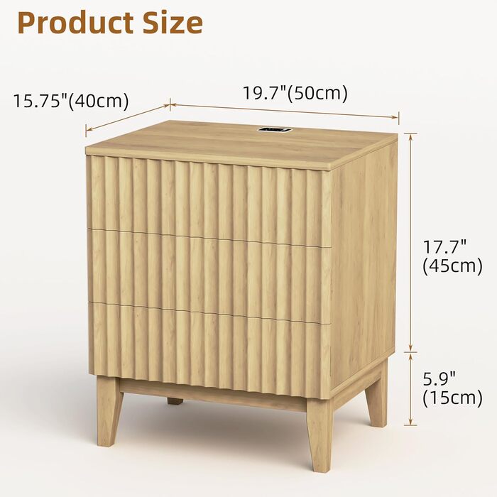 LED тумбочка Gurexl з зарядкою та 3 шухлядами, дерев'яна, з USB та Type-C, з датчиком руху, для спальні, вітальні, офісу, чорна