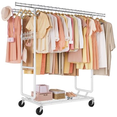 Стійка для одягу на колесах FAVOOOSTY, металева, мобільна, до 200 кг, швидка установка, біла, 2 стяжки