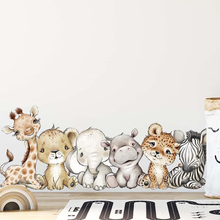 Настінна наклейка на стіну для дітей, тварин, Африки, Сафарі, дитяча кімната, V351 намальована від руки / наклейка для дитячої / наклейка на стіну, джунглі з левом, слоном, жирафом, бегемотом, зеброю, тигром (60 х 60 см)