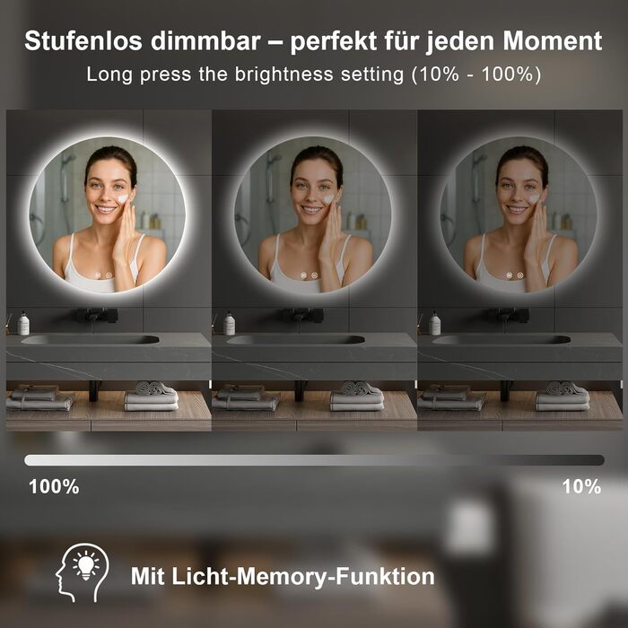 LED дзеркало для ванної кімнати з підсвічуванням Round - регульоване з 3 кольорами світла (3500K-6500K), сенсорне управління, запобігання запотіванню - дзеркало для ванної кімнати з підсвічуванням для макіяжу та гоління (70см фонове освітлення)