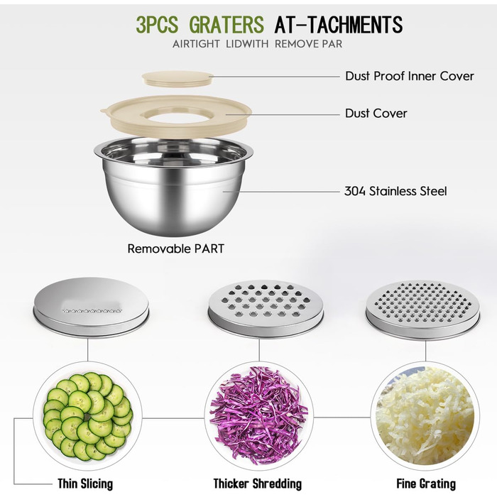 Набір місок для перемішування з кришками, 26 предметів, нержавіюча сталь, 3 тертки, міски для кухні, випічки, холодильника, зберігання продуктів, органайзер, 7 розмірів (Хакі)