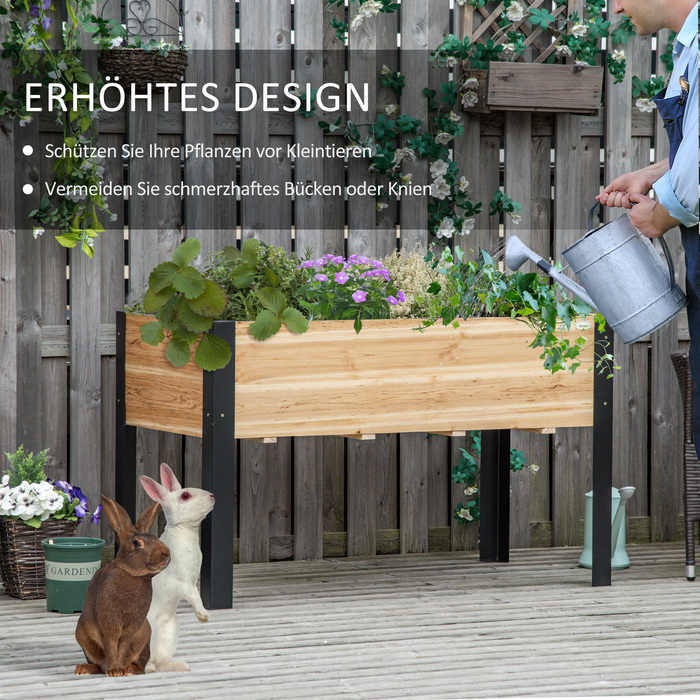 Високий грядок з ящиком для рослин, квітник, горщик для квітів, грядка для трав з тканиною, масивне дерево, сталь, натуральний+чорний колір, розмір 120 x 60 x 74 см