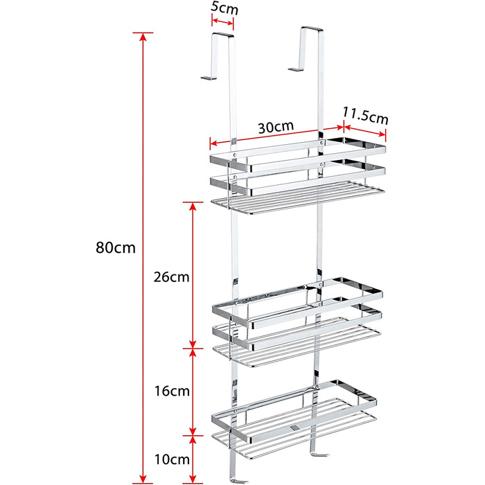 Ваш душовий піддон без свердління полиця для ванної підвісна полиця 3 поверхи для підвішування з гачками душова Полиця душова корзина для душової кабіни ванна кімната - 80 см (срібло)