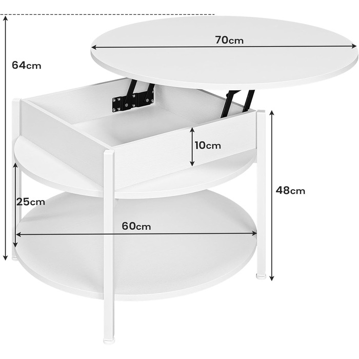 Регульований по висоті круглий журнальний столик з місцем для зберігання, дерево, білий, для вітальні/офісу