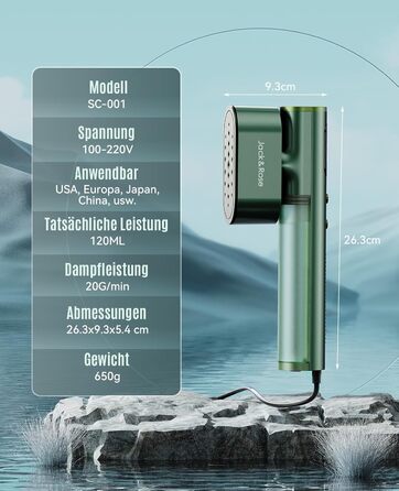 Jack & Rose Дампфглеттер: портативний праска-парогенератор для подорожей, 1000W, 110-240V, 2-в-1, зелений