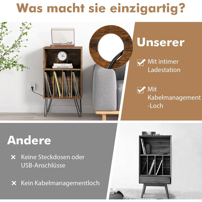 Підставка для програвача COSTWAY з зарядкою, 3-рівнева, для зберігання вінілових платівок з полицею та 4 роздільниками, 48 x 40 x 88 см (індустріальний стиль)