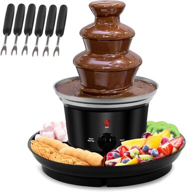Електричний шоколадний фонтан на 3 яруси з нержавіючої сталі з функцією плавлення, піднос для закусок та 6 виделок. Фонтан для шоколаду та сиру. Набір для фондю